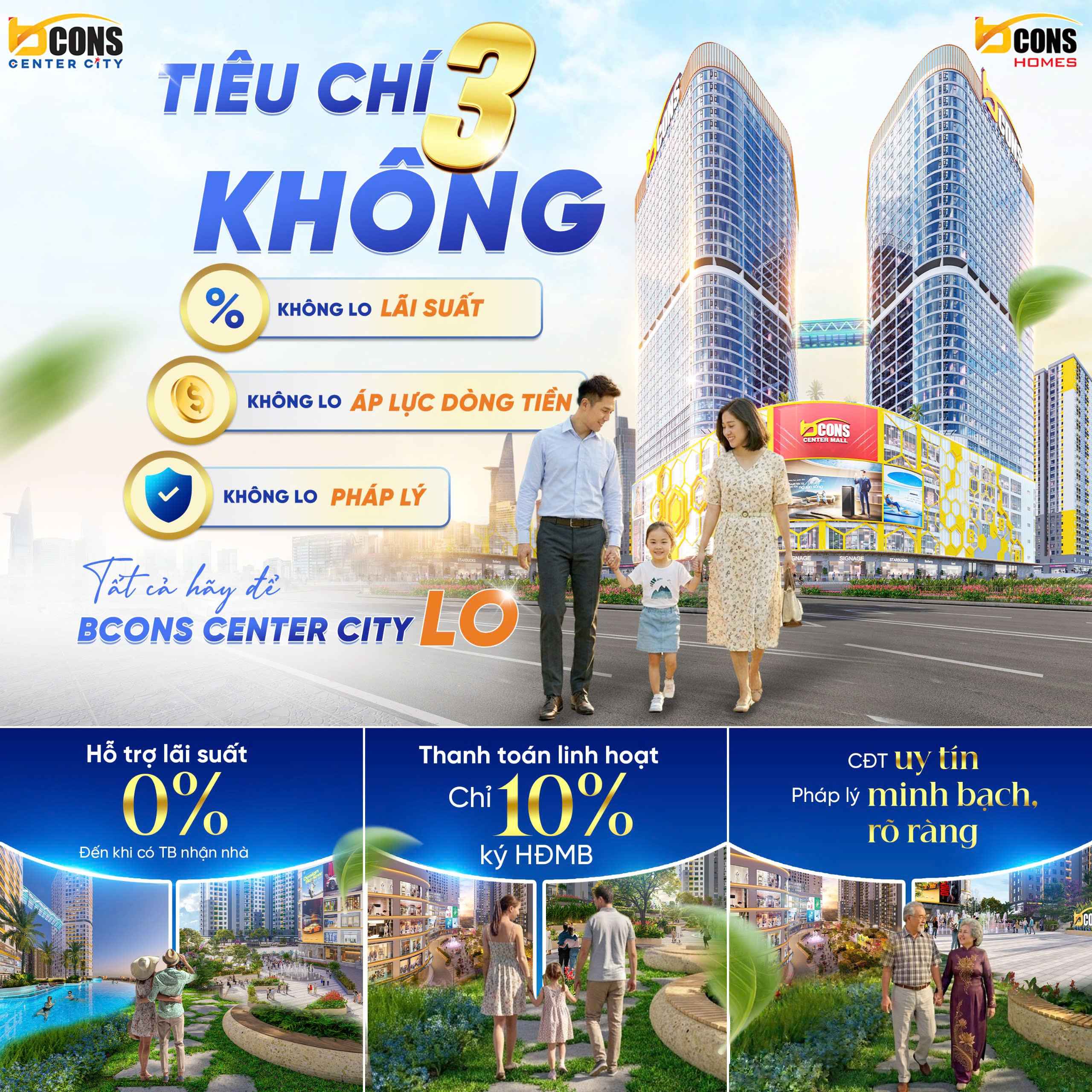 Chính sách "3 Không" giải tỏa mọi áp lực tài chính cho khách hàng khi mua căn hộ Bcons Center City.