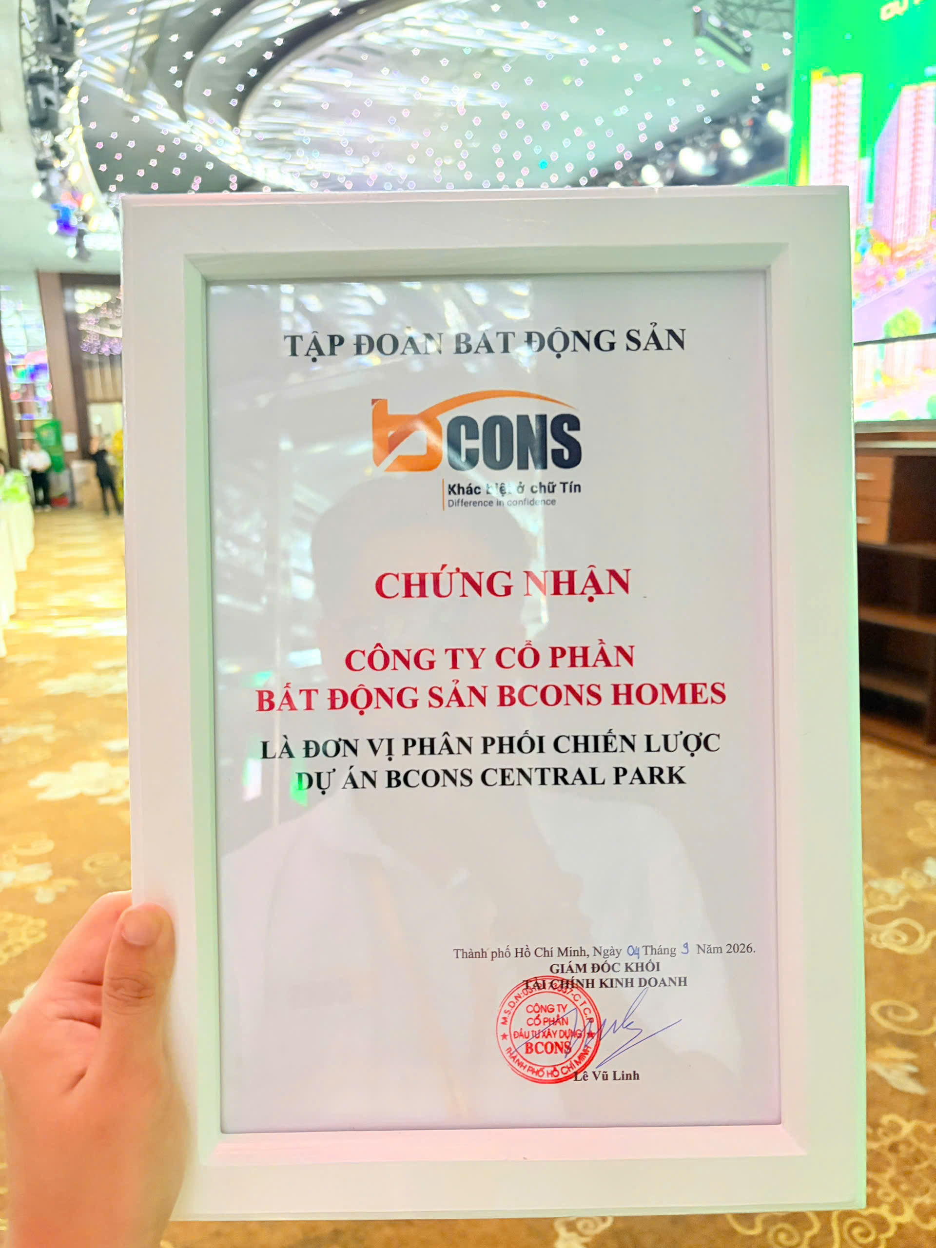 chứng nhận Bcons Homes là phân phối chiến lược Bcons Central park